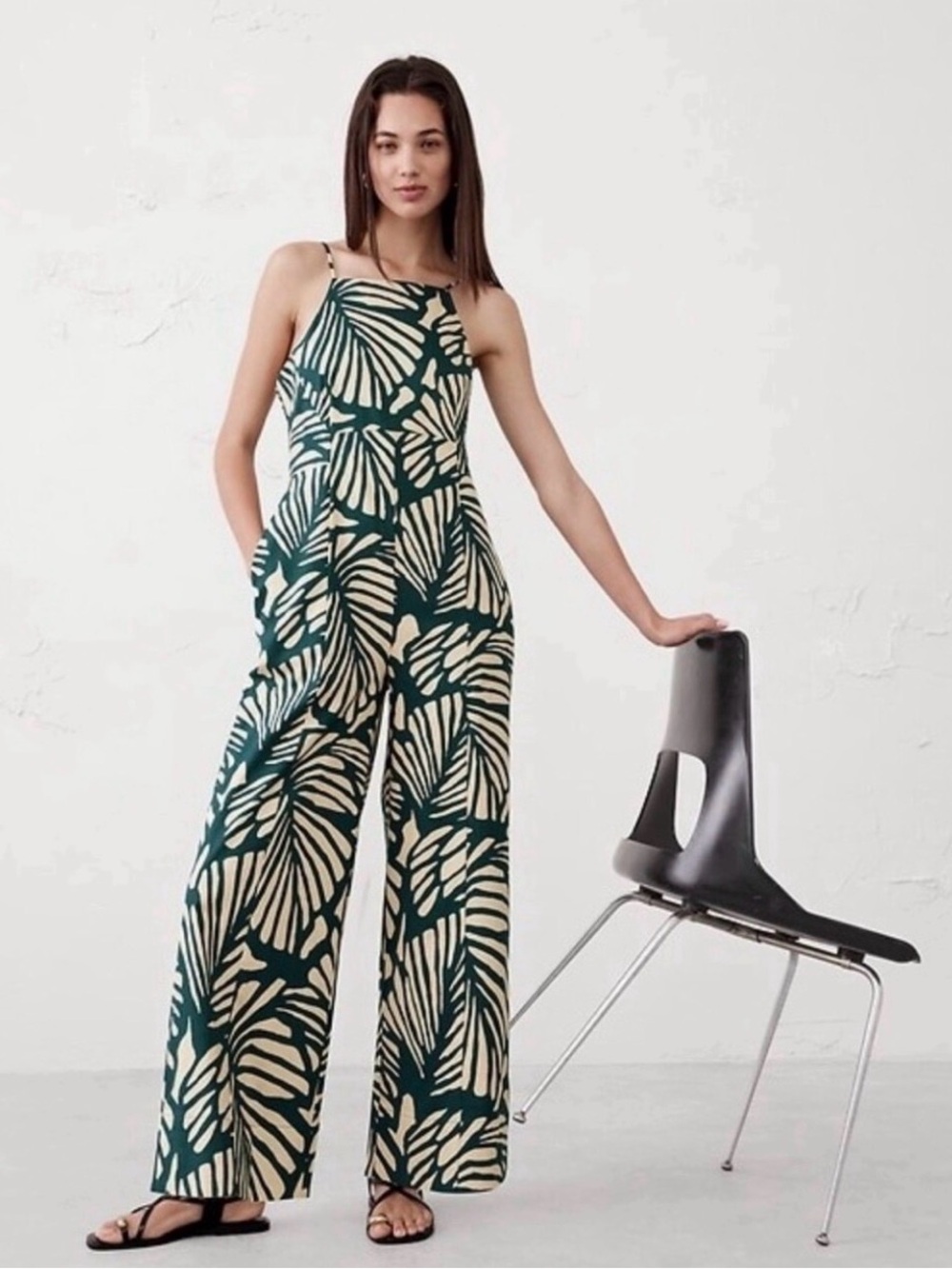 NWT BANANA REPUBLIC Green Cream Linen Palm-Print Wide-Leg Jumpsuit SZ 14 $150